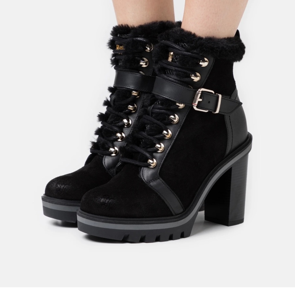 Tommy Hilfiger Black Suede and Leather Faux Fur-Lined Platform Boots